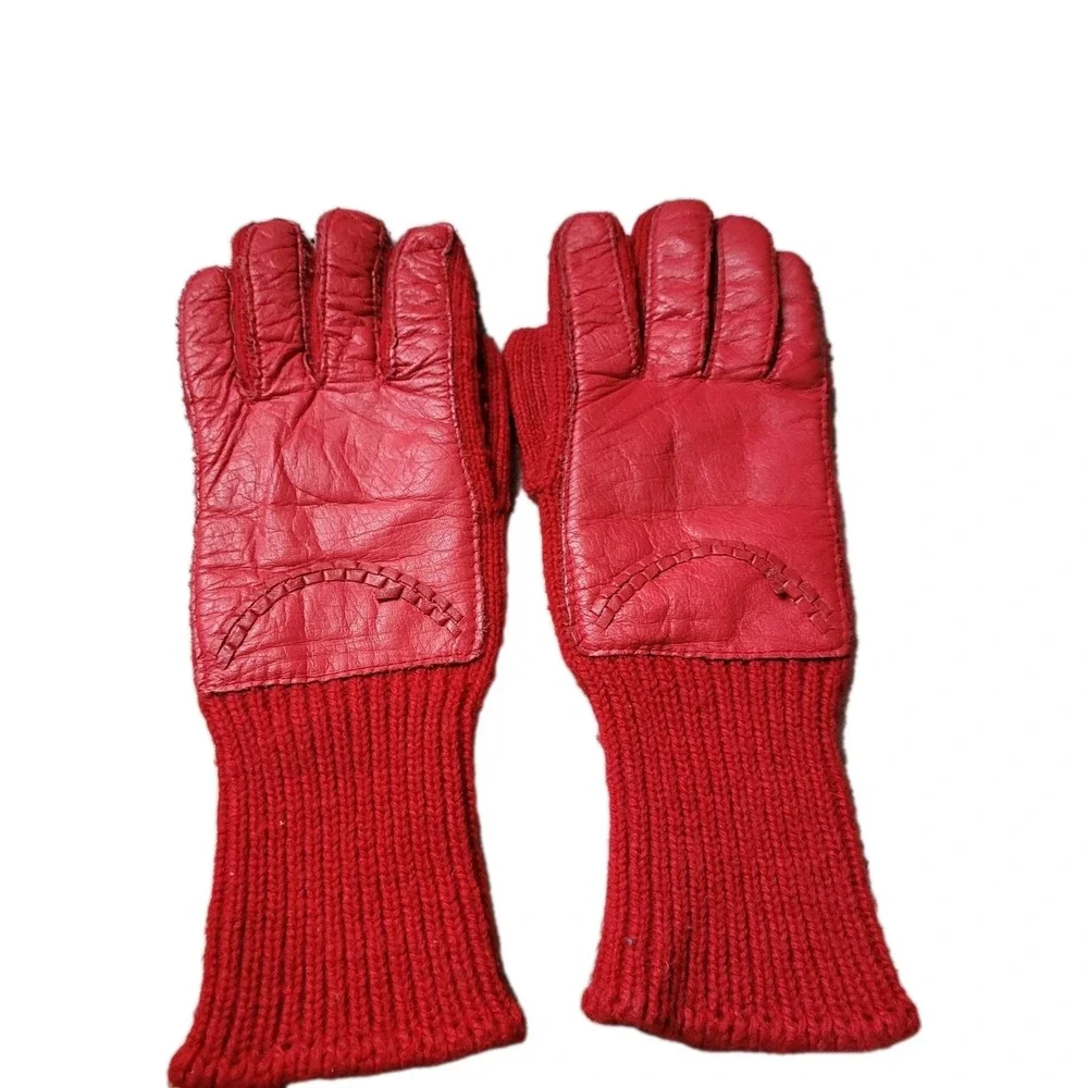 Vintage Aris Red Leather Knit Driving Gloves Winter Warm Retro Mid-Century OS